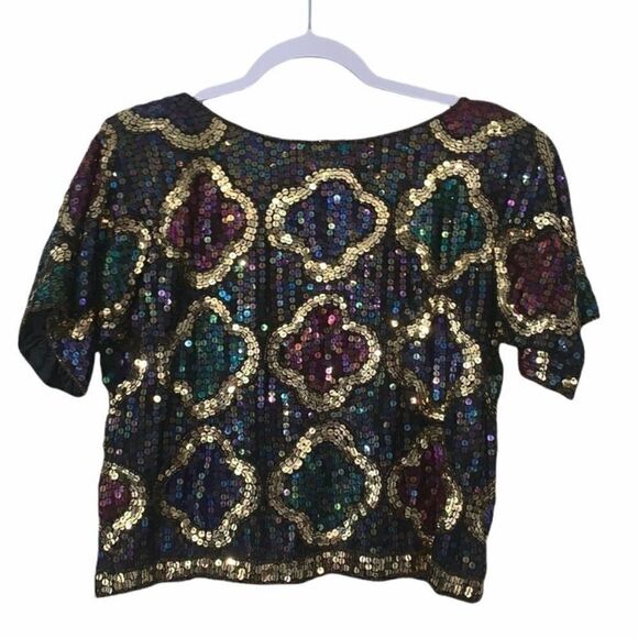 100% Silk Sequin Crop Vintage Blouse Size Medium - Picture 1 of 4